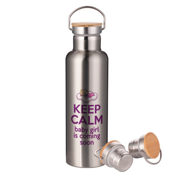 KEEP CALM baby girl is coming soon!!!, Stainless steel Silver with wooden lid (bamboo), double wall, 750ml