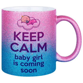 KEEP CALM baby girl is coming soon!!!, Κούπα Χρυσή/Μπλε Glitter, κεραμική, 330ml