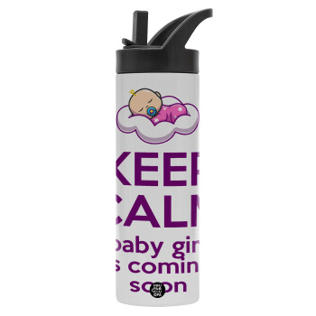 KEEP CALM baby girl is coming soon!!!, Μεταλλικό παγούρι θερμός με καλαμάκι & χειρολαβή, ανοξείδωτο ατσάλι (Stainless steel 304), διπλού τοιχώματος, 600ml