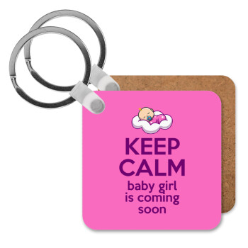 KEEP CALM baby girl is coming soon!!!, Μπρελόκ Ξύλινο τετράγωνο MDF