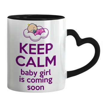 KEEP CALM baby girl is coming soon!!!, Κούπα καρδιά χερούλι μαύρη, κεραμική, 330ml