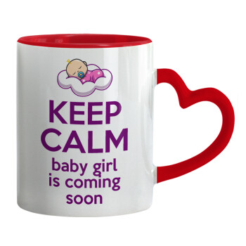 KEEP CALM baby girl is coming soon!!!, Κούπα καρδιά χερούλι κόκκινη, κεραμική, 330ml
