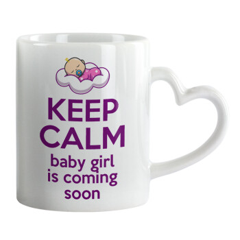 KEEP CALM baby girl is coming soon!!!, Κούπα καρδιά χερούλι λευκή, κεραμική, 330ml
