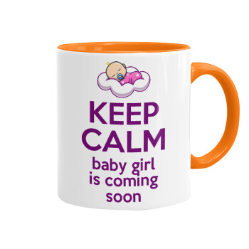 KEEP CALM baby girl is coming soon!!!, Mug colored orange, ceramic, 330ml