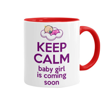 KEEP CALM baby girl is coming soon!!!, Κούπα χρωματιστή κόκκινη, κεραμική, 330ml