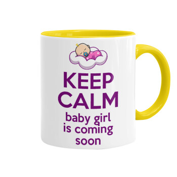KEEP CALM baby girl is coming soon!!!, Mug colored yellow, ceramic, 330ml