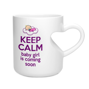 KEEP CALM baby girl is coming soon!!!, Κούπα καρδιά λευκή, κεραμική, 330ml