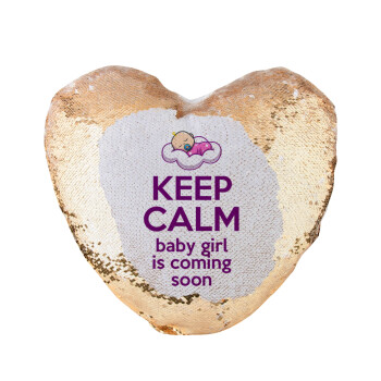 KEEP CALM baby girl is coming soon!!!, Μαξιλάρι καναπέ καρδιά Μαγικό Χρυσό με πούλιες 40x40cm περιέχεται το  γέμισμα