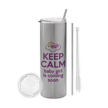 KEEP CALM baby girl is coming soon!!!, Eco friendly stainless steel Silver tumbler 600ml, with metal straw & cleaning brush