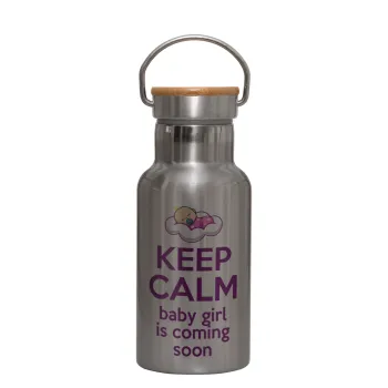 KEEP CALM baby girl is coming soon!!!, Stainless steel metallic thermos flask, silver with a bamboo lid, double-walled, 350ml.