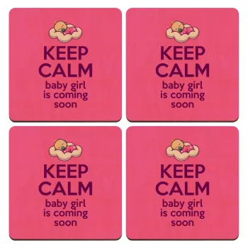 KEEP CALM baby girl is coming soon!!!, ΣΕΤ x4 Σουβέρ ξύλινα τετράγωνα plywood (9cm)