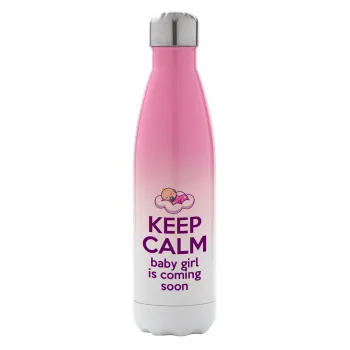 KEEP CALM baby girl is coming soon!!!, Metal mug thermos Pink/White (Stainless steel), double wall, 500ml