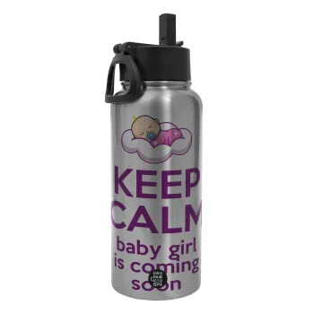 KEEP CALM baby girl is coming soon!!!, Metal mug thermo Silver with Straw and Spout Lid (Stainless steel), double wall, 950ml