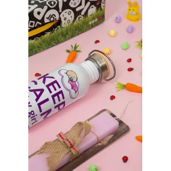 KEEP CALM baby girl is coming soon!!!, Πασχαλινή Λαμπάδα με παγούρι μεταλλικό (620ml, stainless steel) & κερί αρωματικό πλακέ (30cm) (ΡΟΖ)