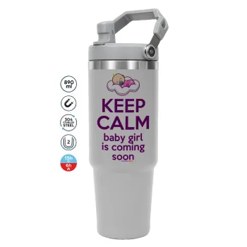 KEEP CALM baby girl is coming soon!!!, GREY color, 890ml (30oz) stainless Steel Tumbler with Handle