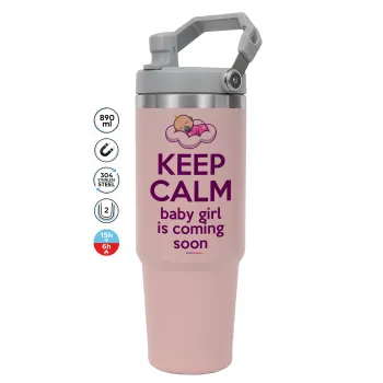 KEEP CALM baby girl is coming soon!!!, Pink color, 890ml (30oz) stainless Steel Tumbler with Handle