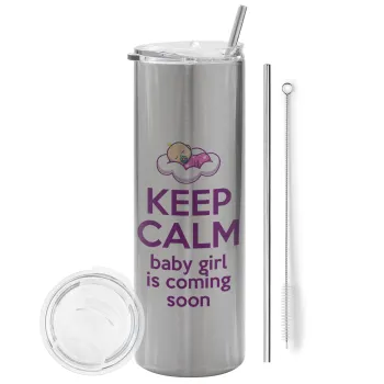 KEEP CALM baby girl is coming soon!!!, Tumbler ποτήρι θερμό Ασημένιο από ανοξείδωτο ατσάλι 600ml, με μεταλλικό καλαμάκι & βούρτσα καθαρισμού
