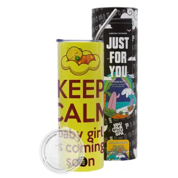 KEEP CALM baby girl is coming soon!!!, Neon Yellow Travel Tumbler θερμό, μεταλλικό καλαμάκι(Ανωξείδωτο 304 Food grade, BPA free, 600ml)