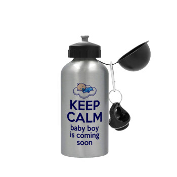 KEEP CALM baby boy is coming soon!!!, Μεταλλικό παγούρι νερού, Ασημένιο, αλουμινίου 500ml
