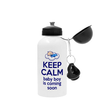 KEEP CALM baby boy is coming soon!!!, Metal water bottle, White, aluminum 500ml