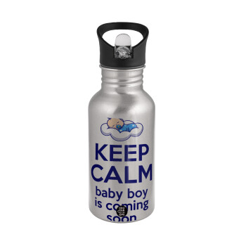 KEEP CALM baby boy is coming soon!!!, Παγούρι νερού Ασημένιο με καλαμάκι, ανοξείδωτο ατσάλι 500ml