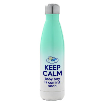 KEEP CALM baby boy is coming soon!!!, Μεταλλικό παγούρι θερμός Πράσινο/Λευκό (Stainless steel), διπλού τοιχώματος, 500ml