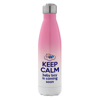 KEEP CALM baby boy is coming soon!!!, Μεταλλικό παγούρι θερμός Ροζ/Λευκό (Stainless steel), διπλού τοιχώματος, 500ml