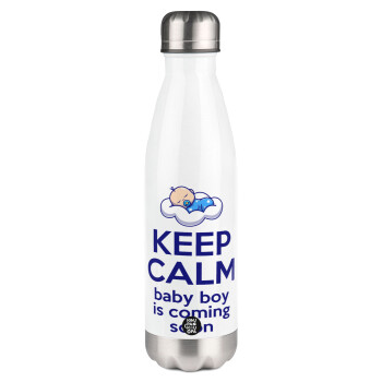 KEEP CALM baby boy is coming soon!!!, Μεταλλικό παγούρι θερμός Λευκό (Stainless steel), διπλού τοιχώματος, 500ml