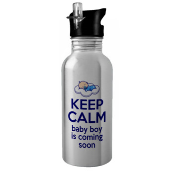 KEEP CALM baby boy is coming soon!!!, Water bottle Silver with straw, stainless steel 600ml