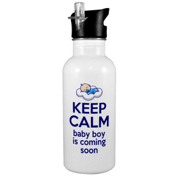 KEEP CALM baby boy is coming soon!!!, White water bottle with straw, stainless steel 600ml