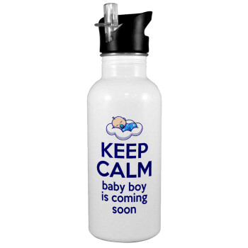 KEEP CALM baby boy is coming soon!!!, Παγούρι νερού Λευκό με καλαμάκι, ανοξείδωτο ατσάλι 600ml