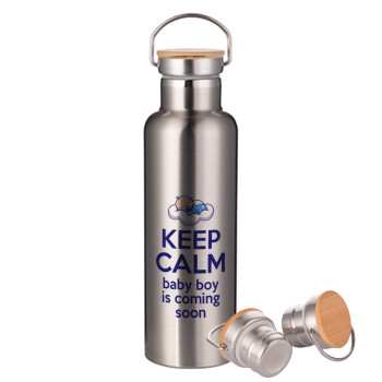KEEP CALM baby boy is coming soon!!!, Stainless steel Silver with wooden lid (bamboo), double wall, 750ml