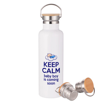KEEP CALM baby boy is coming soon!!!, Stainless steel White with wooden lid (bamboo), double wall, 750ml