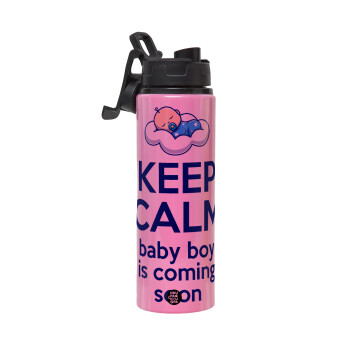 KEEP CALM baby boy is coming soon!!!, Metallic water bottle with safety lid, 850ml aluminum