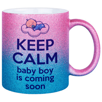 KEEP CALM baby boy is coming soon!!!, Κούπα Χρυσή/Μπλε Glitter, κεραμική, 330ml