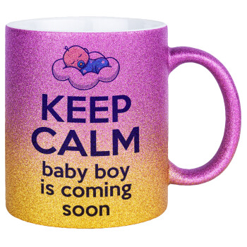 KEEP CALM baby boy is coming soon!!!, Κούπα Χρυσή/Ροζ Glitter, κεραμική, 330ml