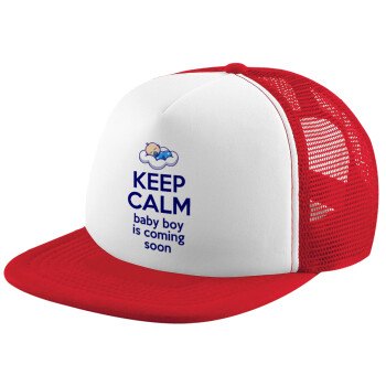 KEEP CALM baby boy is coming soon!!!, Καπέλο Ενηλίκων Soft Trucker με Δίχτυ Red/White (POLYESTER, ΕΝΗΛΙΚΩΝ, UNISEX, ONE SIZE)