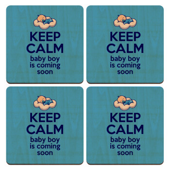 KEEP CALM baby boy is coming soon!!!, ΣΕΤ x4 Σουβέρ ξύλινα τετράγωνα plywood (9cm)