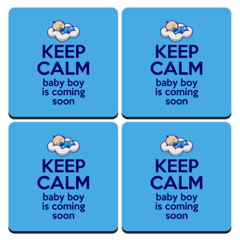 KEEP CALM baby boy is coming soon!!!, ΣΕΤ 4 Σουβέρ ξύλινα τετράγωνα (9cm)