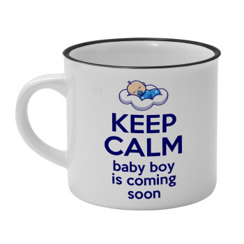 KEEP CALM baby boy is coming soon!!!, Κούπα κεραμική vintage Λευκή/Μαύρη 230ml