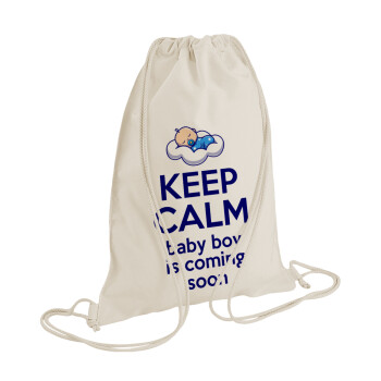KEEP CALM baby boy is coming soon!!!, Τσάντα πλάτης πουγκί GYMBAG natural (28x40cm)