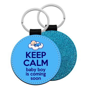 KEEP CALM baby boy is coming soon!!!, Μπρελόκ Δερματίνη, στρογγυλό ΜΠΛΕ (5cm)