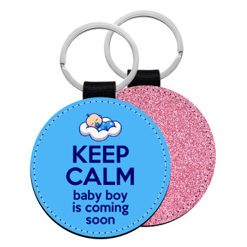 KEEP CALM baby boy is coming soon!!!, Μπρελόκ Δερματίνη, στρογγυλό ΡΟΖ (5cm)
