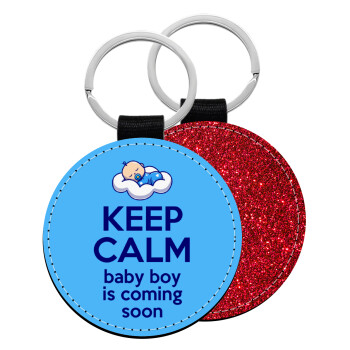 KEEP CALM baby boy is coming soon!!!, Μπρελόκ Δερματίνη, στρογγυλό ΚΟΚΚΙΝΟ (5cm)