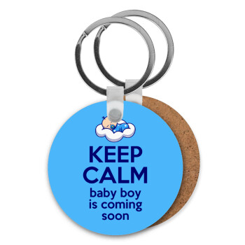 KEEP CALM baby boy is coming soon!!!, Μπρελόκ Ξύλινο στρογγυλό MDF Φ5cm