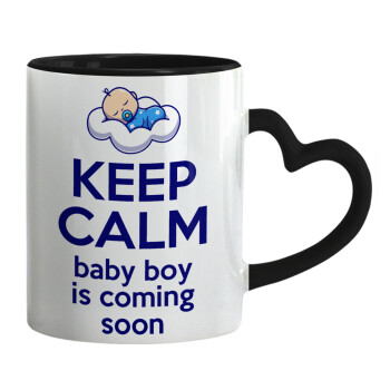 KEEP CALM baby boy is coming soon!!!, Κούπα καρδιά χερούλι μαύρη, κεραμική, 330ml