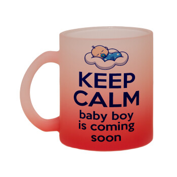 KEEP CALM baby boy is coming soon!!!, Κούπα γυάλινη δίχρωμη με βάση το κόκκινο ματ, 330ml