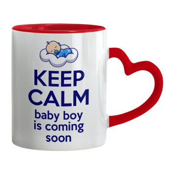 KEEP CALM baby boy is coming soon!!!, Κούπα καρδιά χερούλι κόκκινη, κεραμική, 330ml