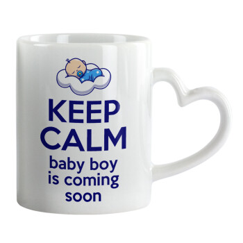 KEEP CALM baby boy is coming soon!!!, Κούπα καρδιά χερούλι λευκή, κεραμική, 330ml