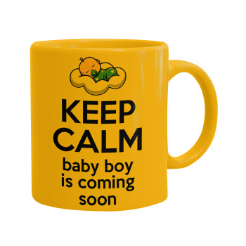 KEEP CALM baby boy is coming soon!!!, Κούπα, κεραμική κίτρινη, 330ml